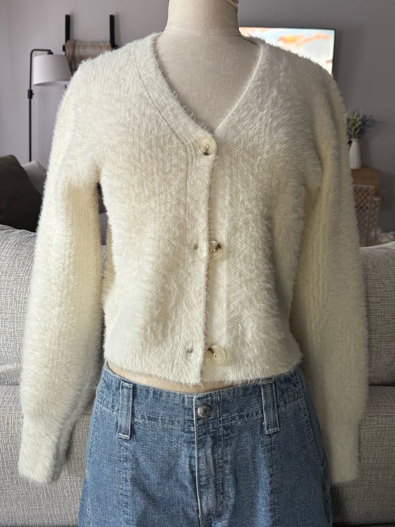 Fuzzy Cream V-Neck Button-Front Cardigan